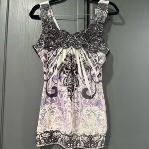 Vanity Black and White Floral Trim Tank Top